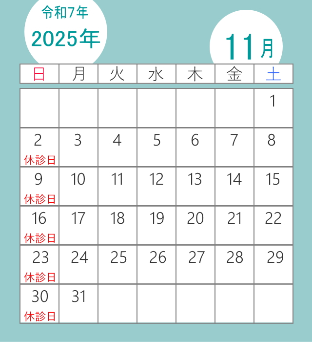 足立区のくじん骨幹調整療法院の11月の休診日